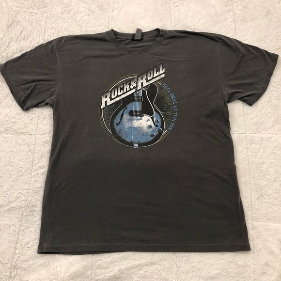 Rock & Roll 1986 Hall Of Fame Tour Blue Guitar Charcoal Gray Shirt Mens size L - Picture 1 of 5